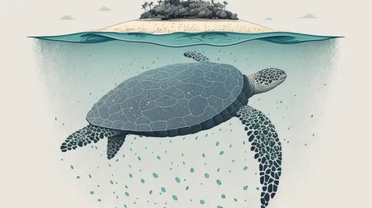 A sea turtle swimming in a drying ocean